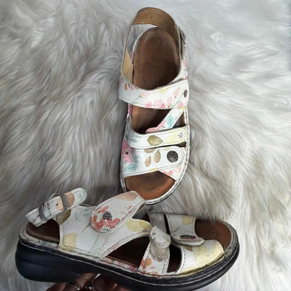 Finn Comfort Women Floral Leather Adjustable Straps Sandals Size 37 Multi Color